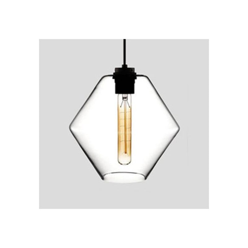 Clear angular bicone glass pendant with a diamond-shaped profile and black holder