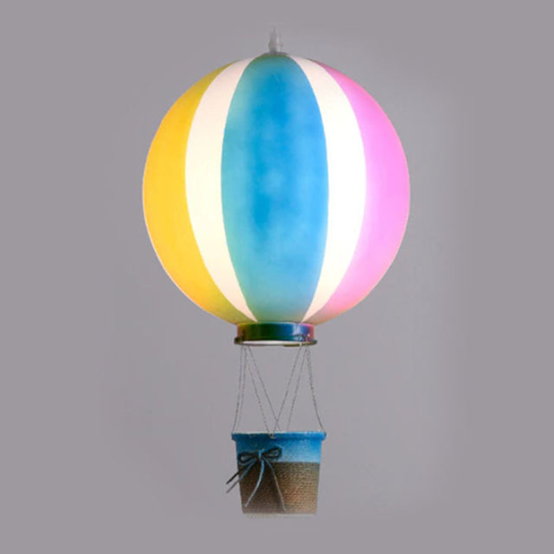Yellow, blue and pink striped balloon pendant with an empty blue-rimmed decorative basket