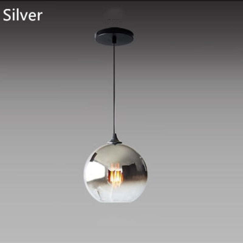 Silver-labeled gradient globe pendant with a black canopy and cord against gray