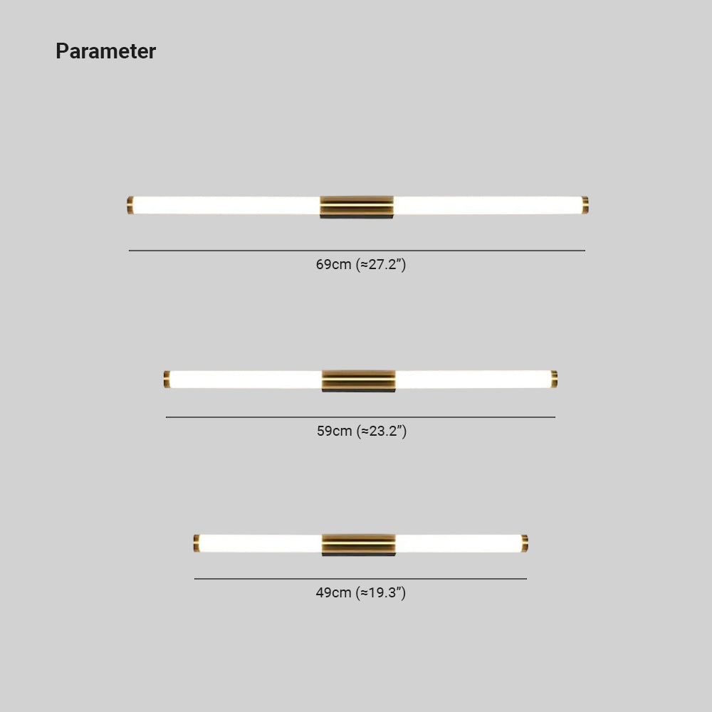 Linear wall-light size guide showing 69 cm, 59 cm and 49 cm bar lengths, approximately 27.2, 23.2 and 19.3 inches