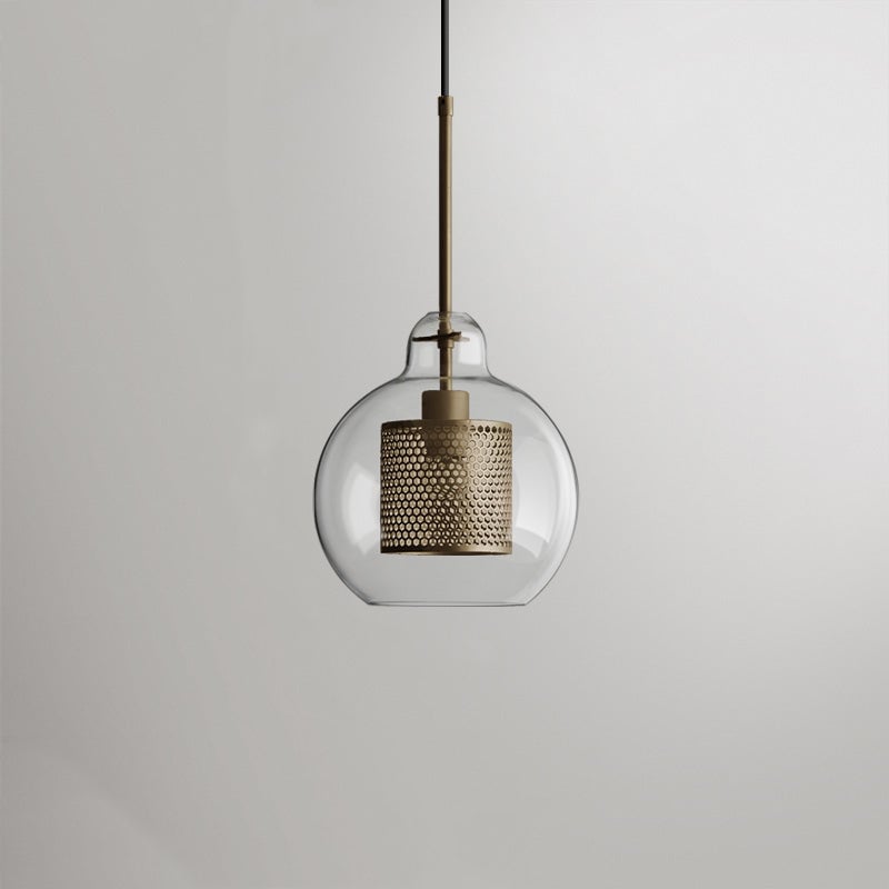 Gold Oneal D pendant with necked rounded glass, perforated metal cylinder and black suspension cable