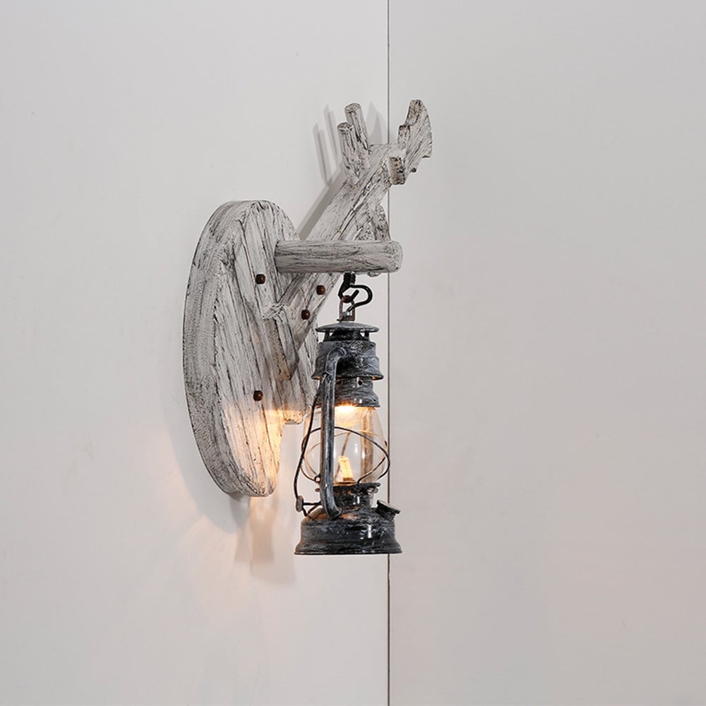 Oblique Austin wall light showing projecting wood support, hanging lantern and rounded panel edge