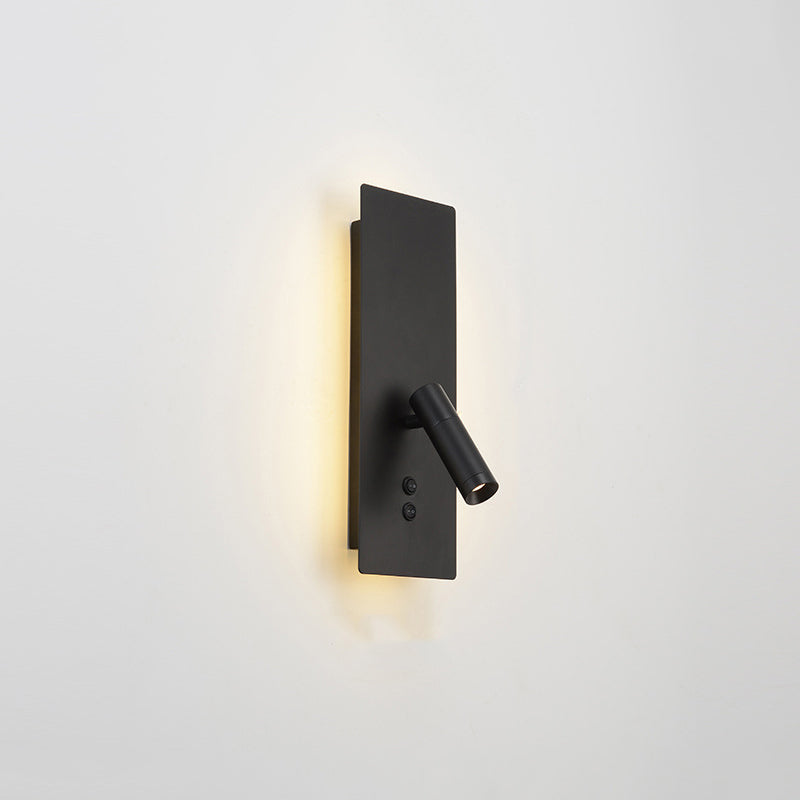 Black wall spotlight and rectangular plate shown illuminated