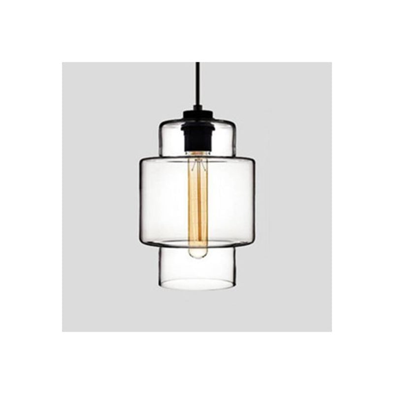 Clear stepped cylindrical glass pendant with a wide centre and narrower upper and lower sections