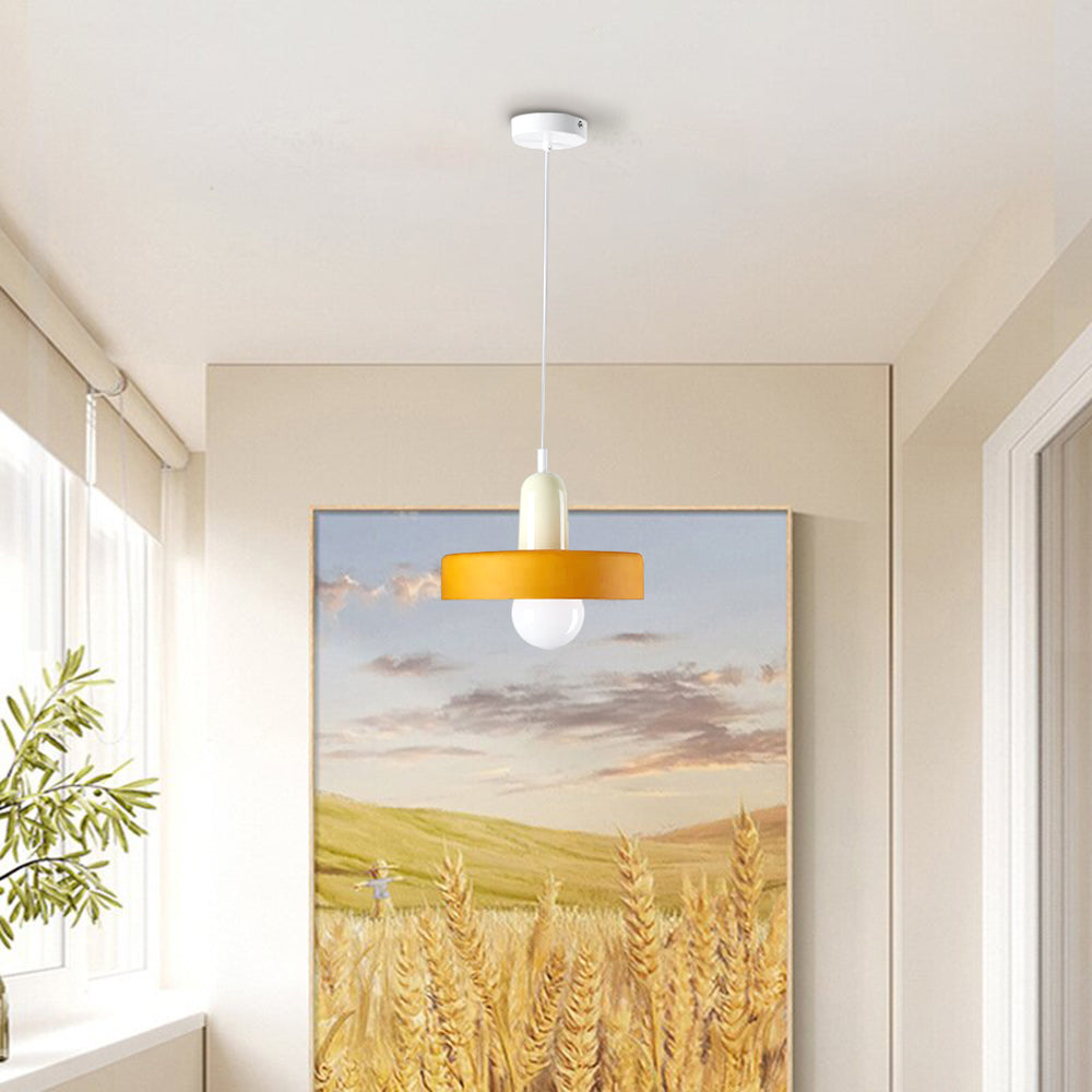 Cream-and-orange Morandi pendant with a white cord and canopy in front of a landscape picture near a window