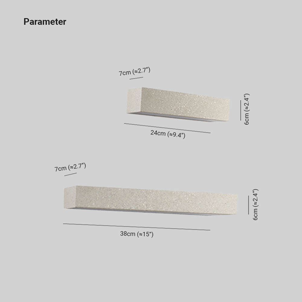 Edge wall-light drawing with 24 or 38 cm length, 6 cm height and 7 cm projection