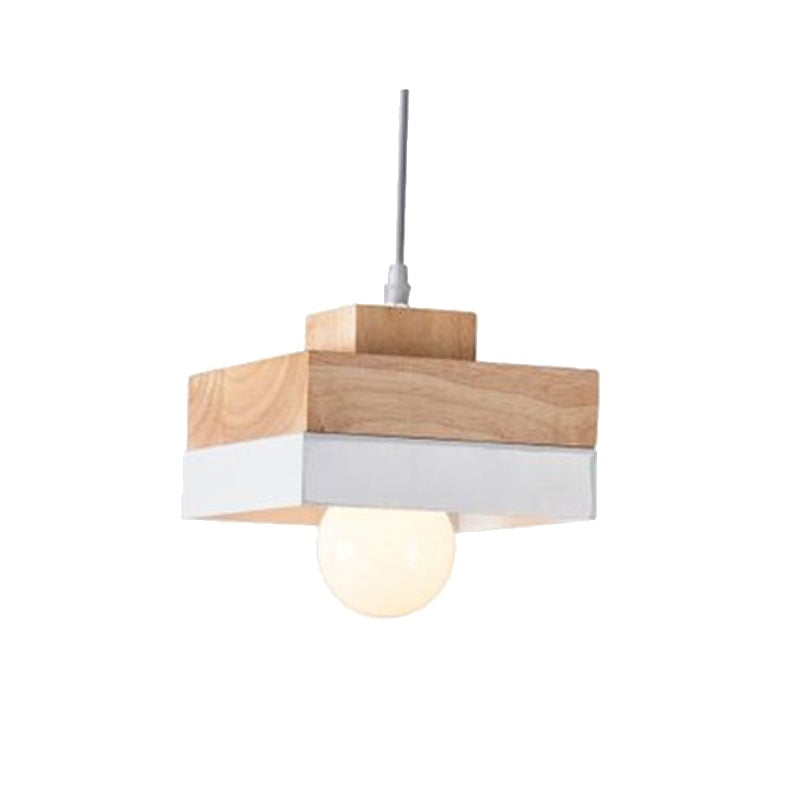 White square Morandi pendant with wood-grain top and exposed bulb