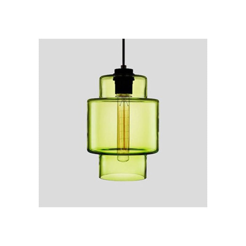 Green stepped cylindrical glass pendant with black holder and suspension cord