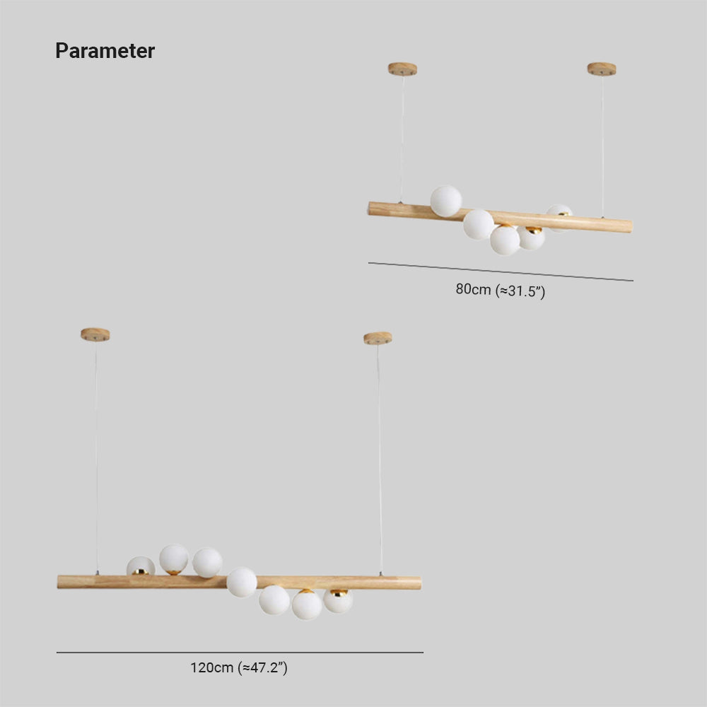 Dimension diagram: five-globe wooden bar 80 cm (31.5 in) long and seven-globe bar 120 cm (47.2 in) long