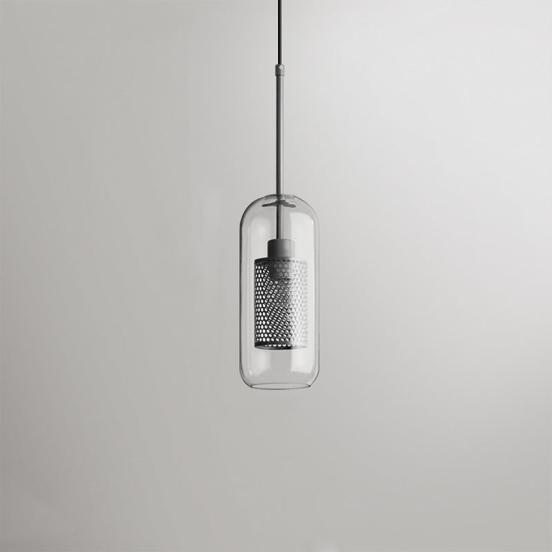 Silver Oneal F cylindrical glass pendant with a long perforated metal insert