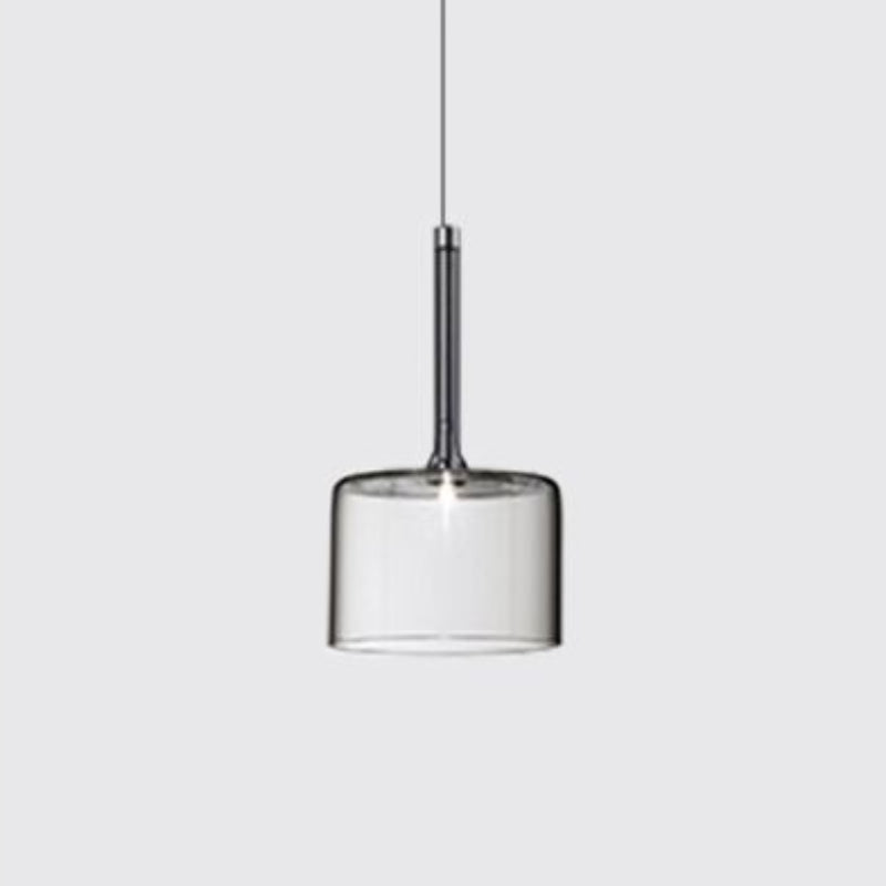 Clear glass pendant with a short wide cylinder and a long transparent neck