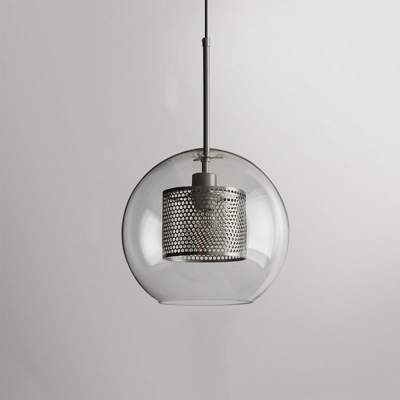 Silver Oneal C round glass pendant with a perforated cylinder and matching metal stem