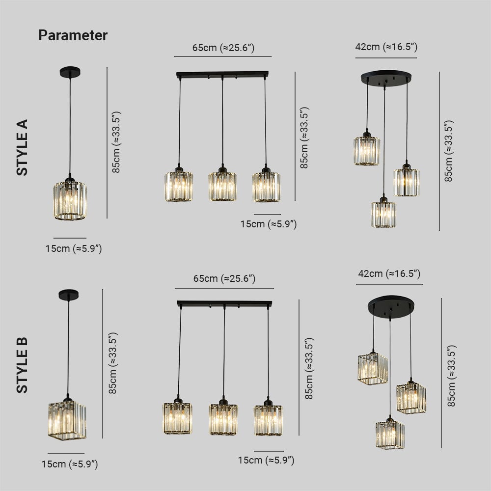 Herbert chart: Round and Square shades 15cm across, 85cm illustrated height, with 65cm row and 42cm cluster top labels