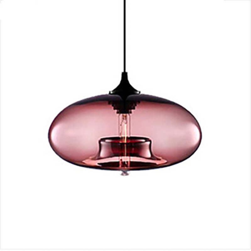 Pink oval glass pendant with Black cap, cable and visible central bulb against a White background