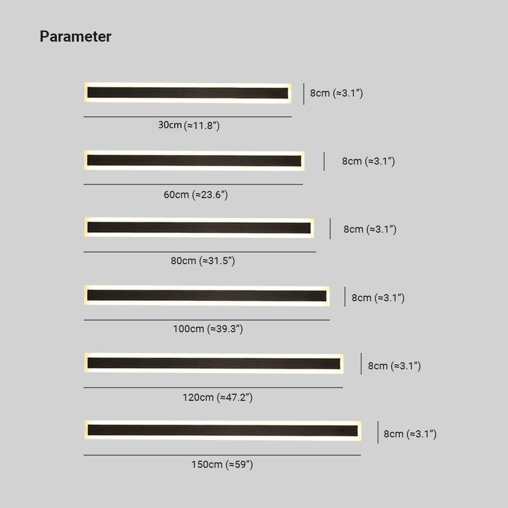 Edge size diagram showing six lengths from 30 to 150 cm, each with an 8 cm front width