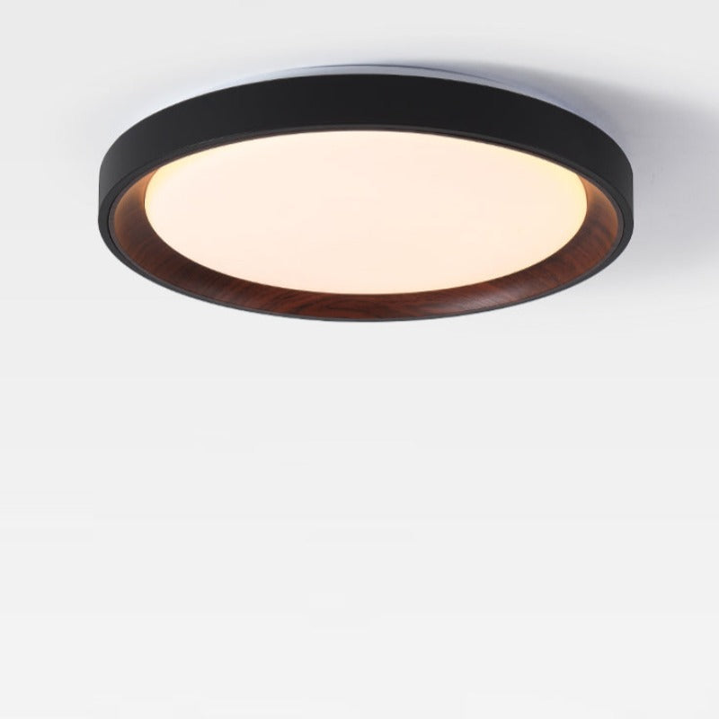 Quinn ceiling light with black rim and dark wood-tone inner surface