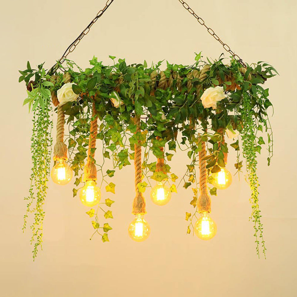 Six-head Nest pendant with foliage and rope-covered bulb drops