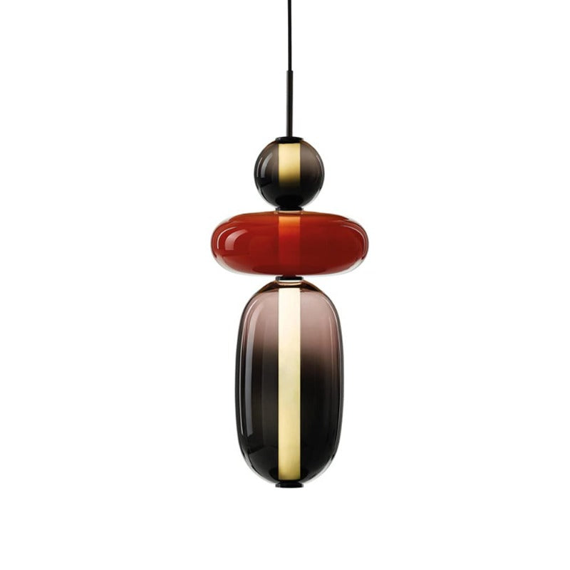 Morandi Style E: dark upper globe, flattened red oval and smoky elongated lower glass
