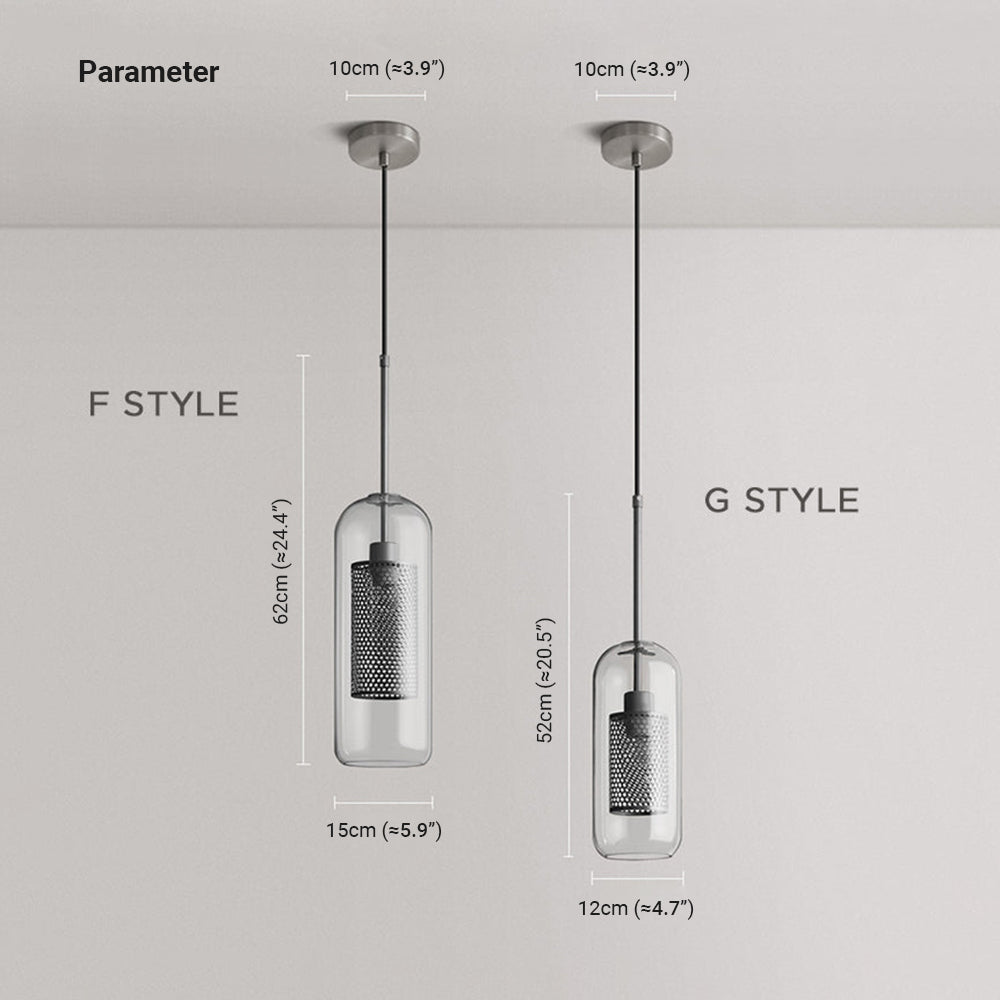 F and G size chart: cylindrical shades 15 and 12 cm wide, with 62 and 52 cm heights including metal stems