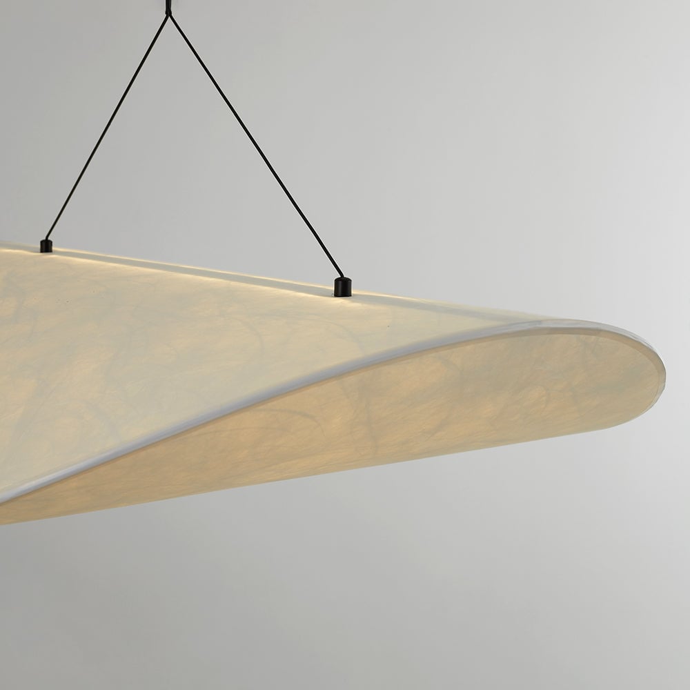 Close-up of the curling white shade edge and two black suspension attachment points