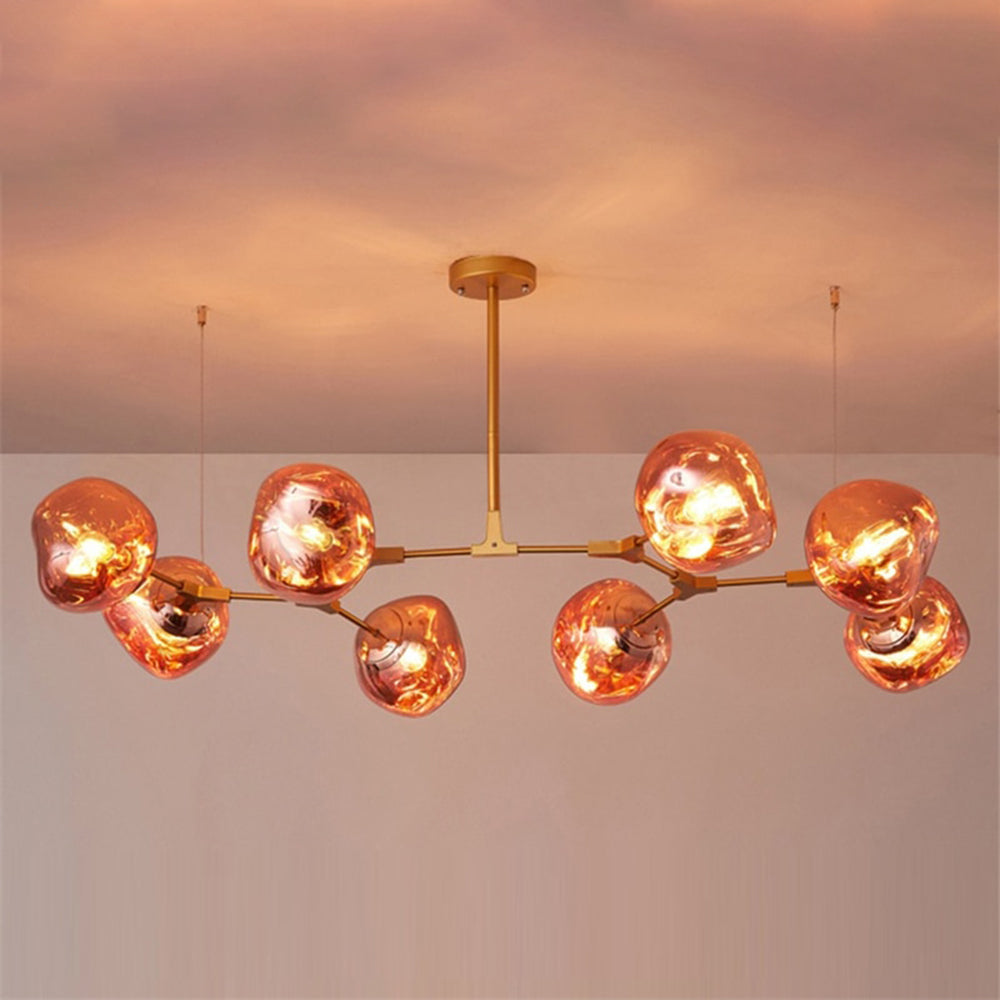 Eight glowing rose gold shades on a gold-tone frame, with two thin support cables at the outer branches