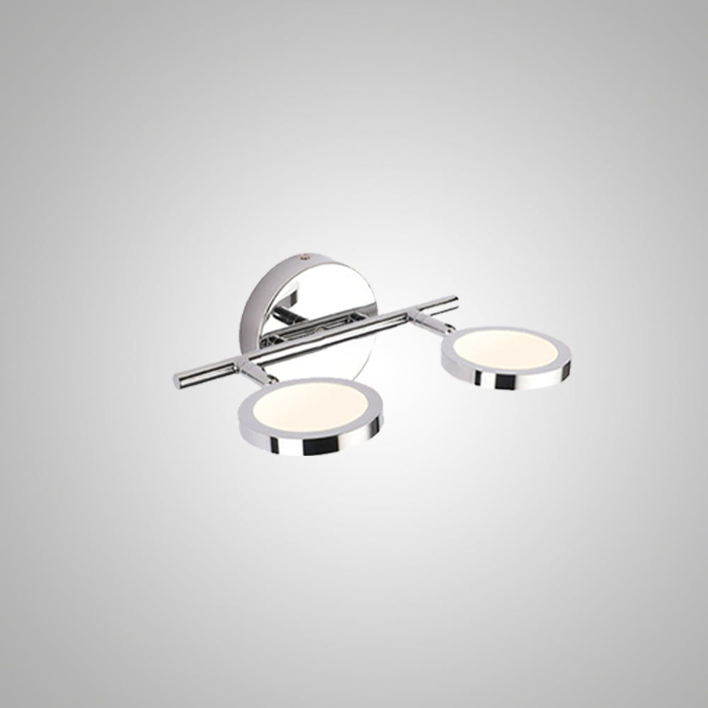 Leigh silver wall light with two round heads on a straight support bar.