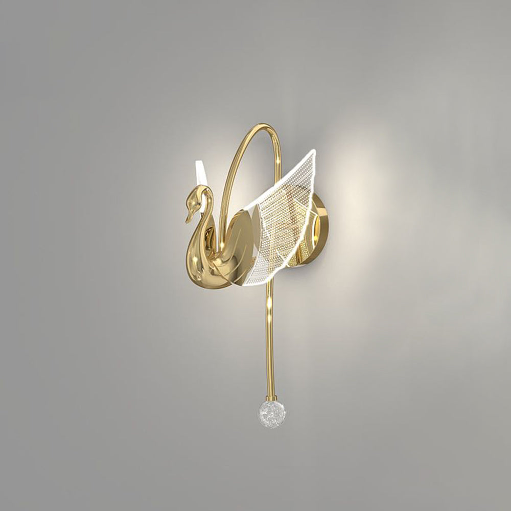 Kady Gold swan fitting on a grey wall with clear wings, loop and long ball-ended rod