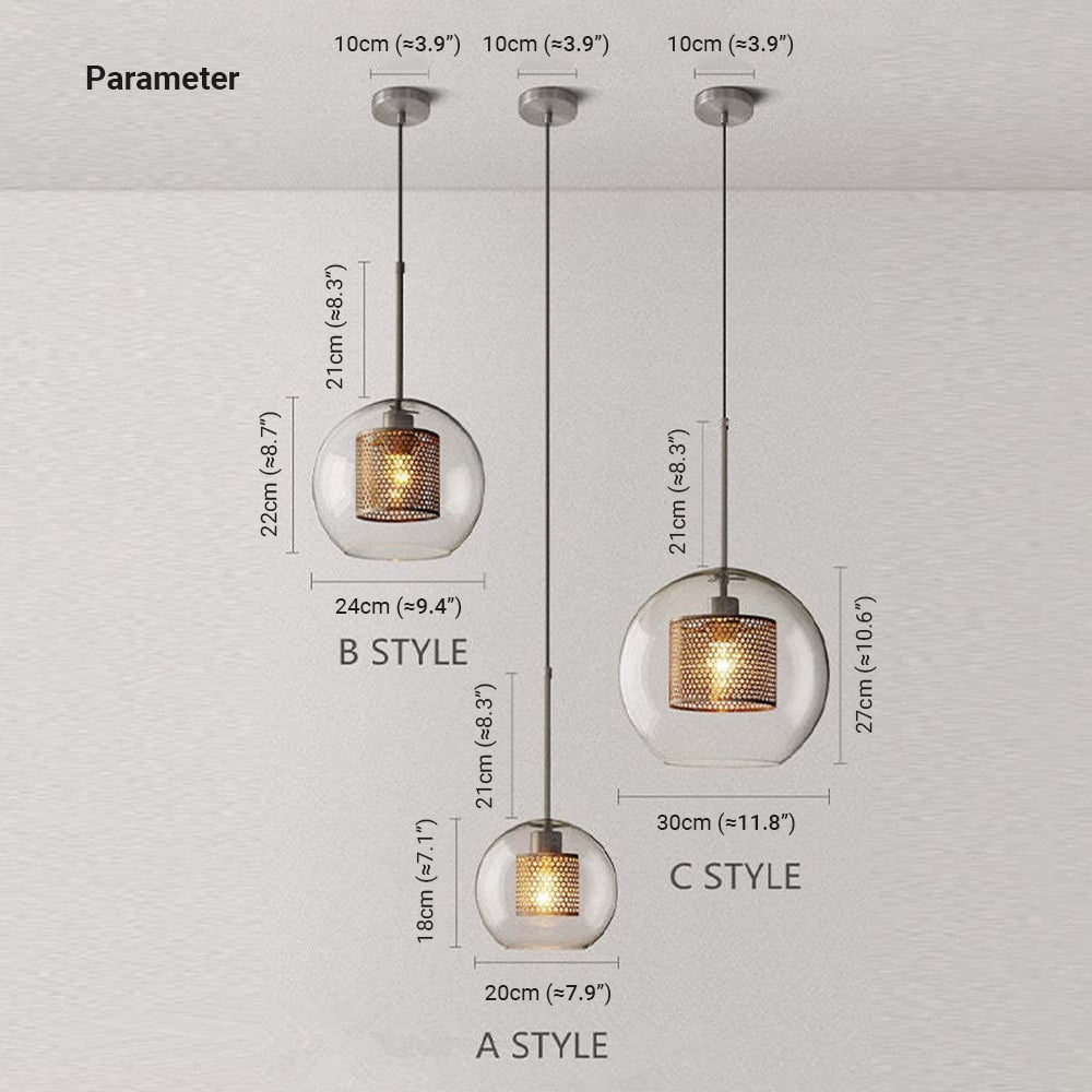 A, B and C size chart: glass shades 20 x 18, 24 x 22 and 30 x 27 cm, with separate 21 cm stems