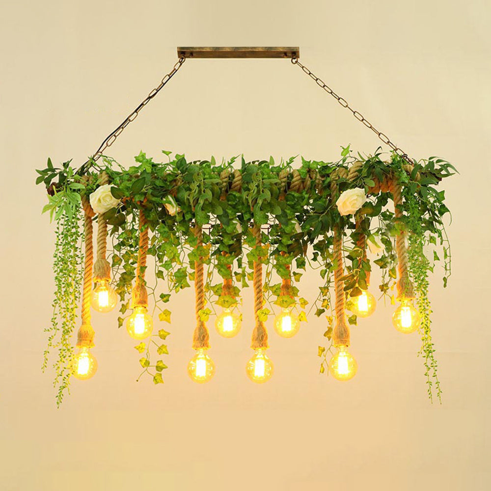 Nest ten-head greenery pendant hanging by chains from a rectangular canopy