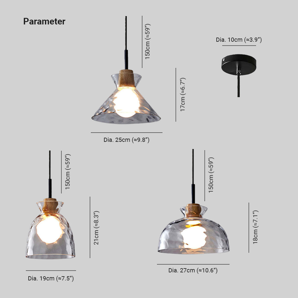 Glass pendant dimension chart for Styles A, B and C