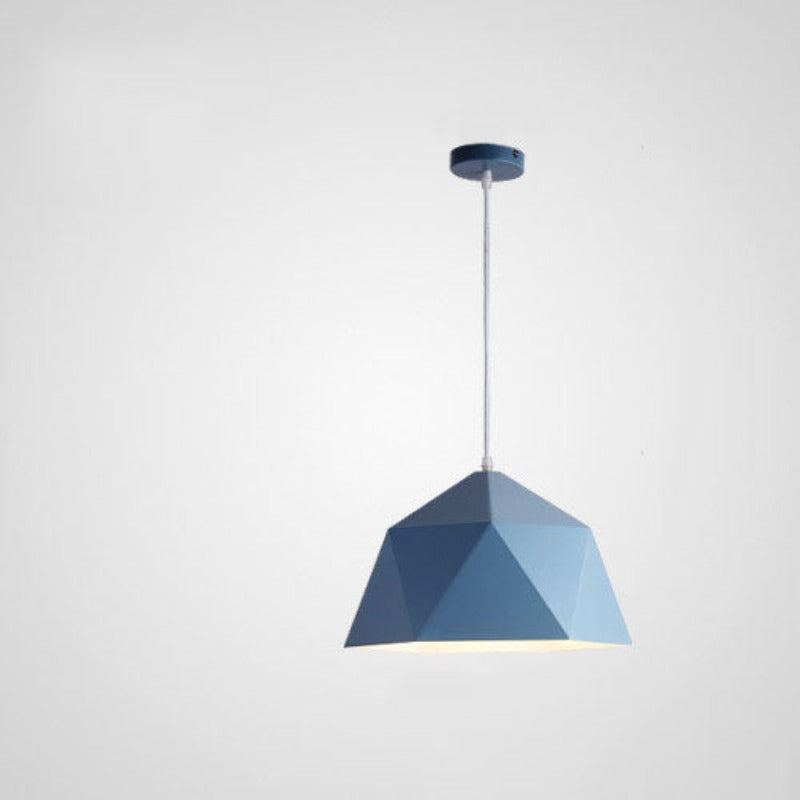 Blue faceted metal pendant shade on a pale cord with a blue ceiling canopy