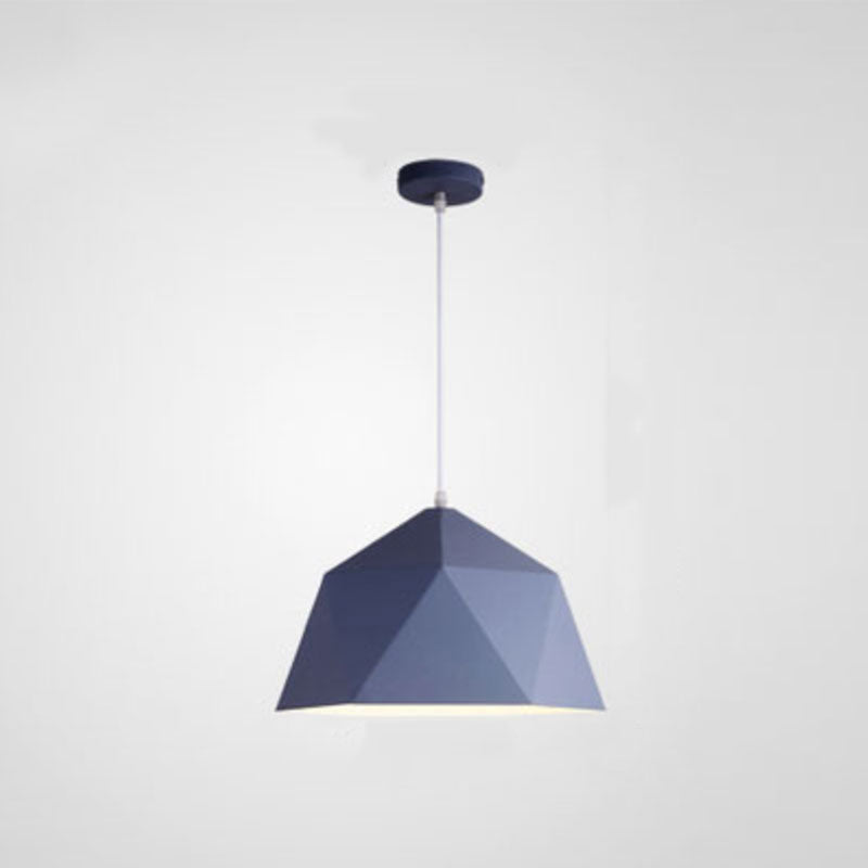 Navy Blue faceted pendant light with triangular panels, a pale cord and dark blue ceiling canopy