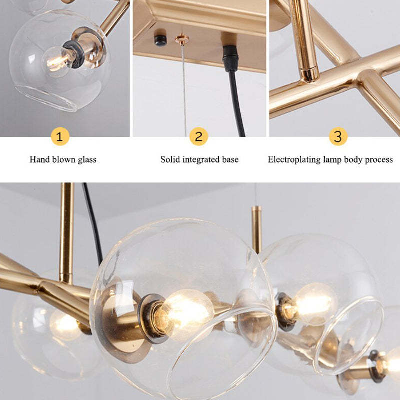 Valentina feature collage showing glass globe, bulb holder, canopy cable anchoring and gold-tone bar joint