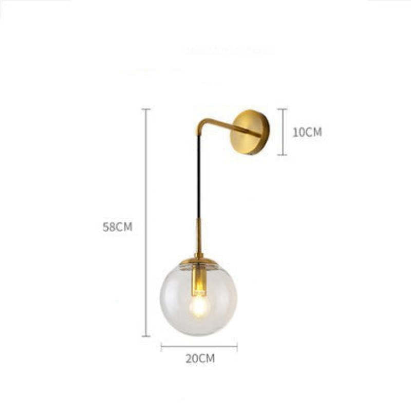 Gold clear-globe wall light drawing marked 58 cm high, 10 cm plate and 20 cm globe