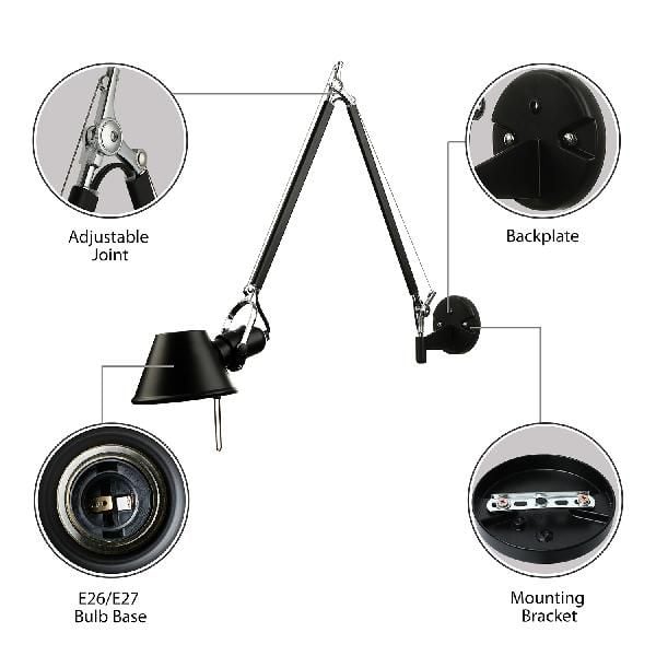 Brady component collage showing adjustable joint, backplate, E26/E27 holder label and mounting bracket