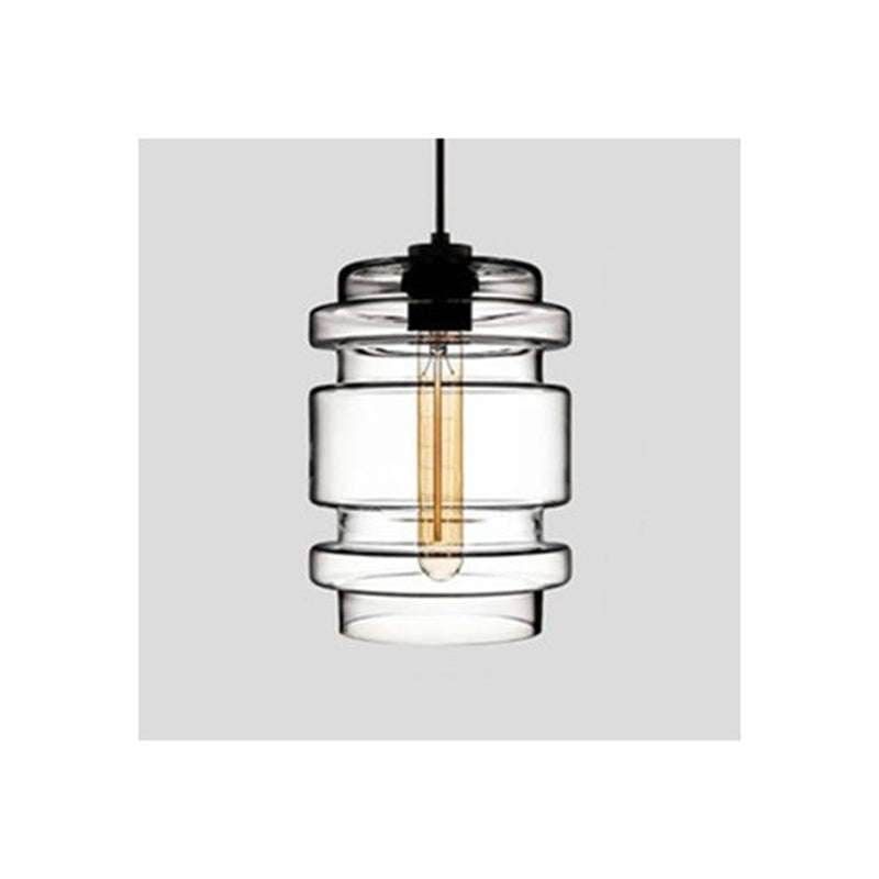 Clear ringed cylindrical glass pendant with projecting horizontal bands