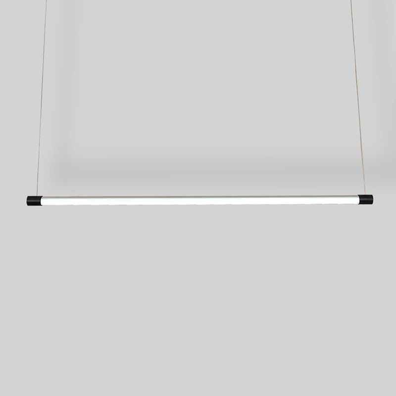 Front view of a lit slim bar with black endcaps suspended from two thin wires
