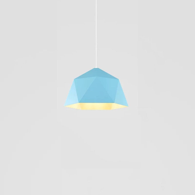 Light Blue faceted pendant shade with a pale cord and a warm-looking open underside