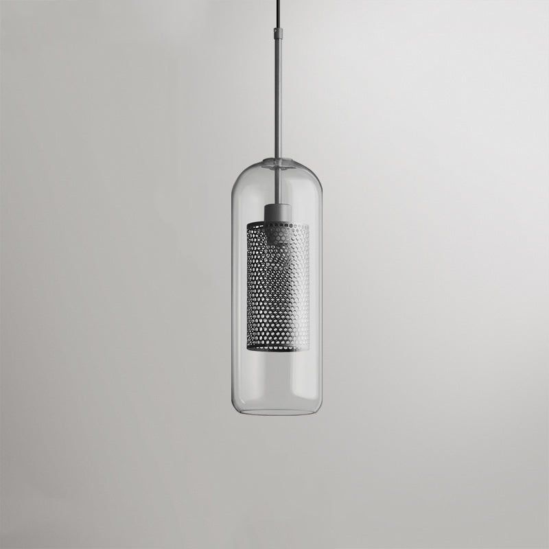 Silver Oneal G narrow cylindrical glass pendant with a perforated metal insert