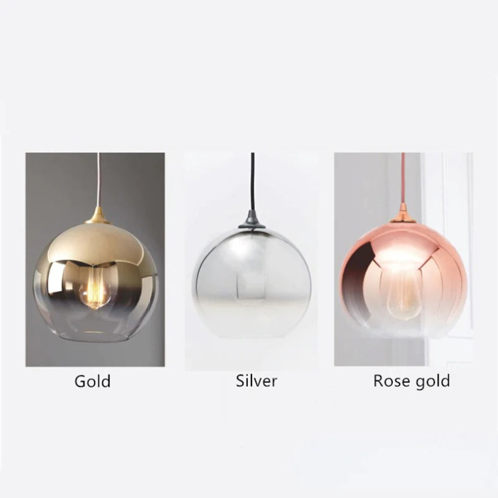 Three-panel comparison of Gold, Silver and Rose Gold gradient globe shades