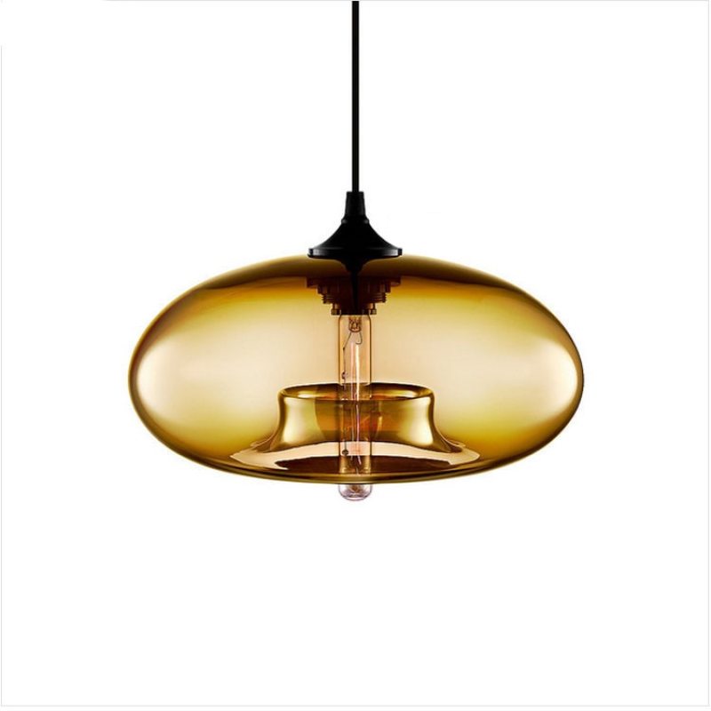 Amber oval glass pendant with Black cap, cable and visible central bulb against a White background