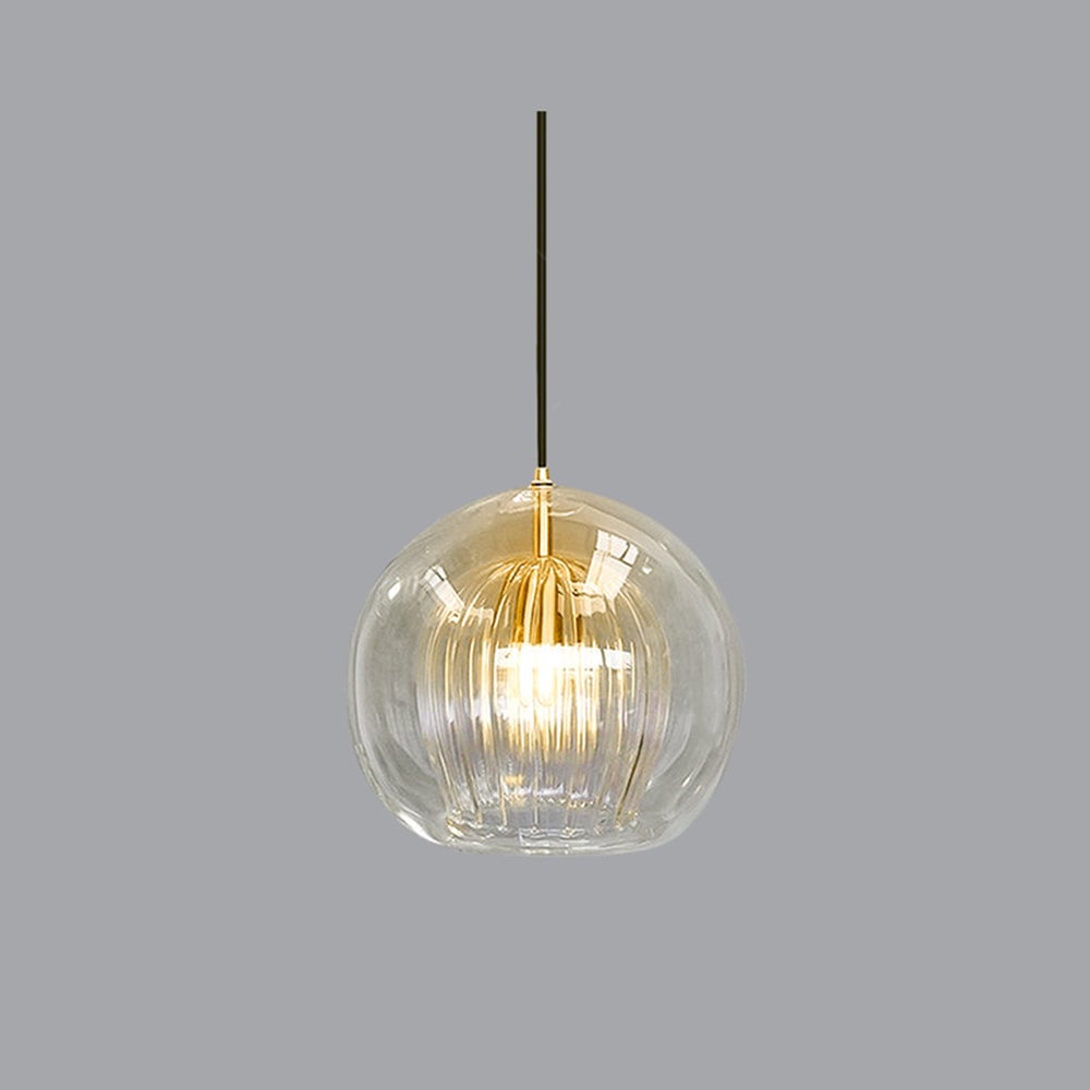 Illuminated rounded globe pendant showing its ribbed inner layer