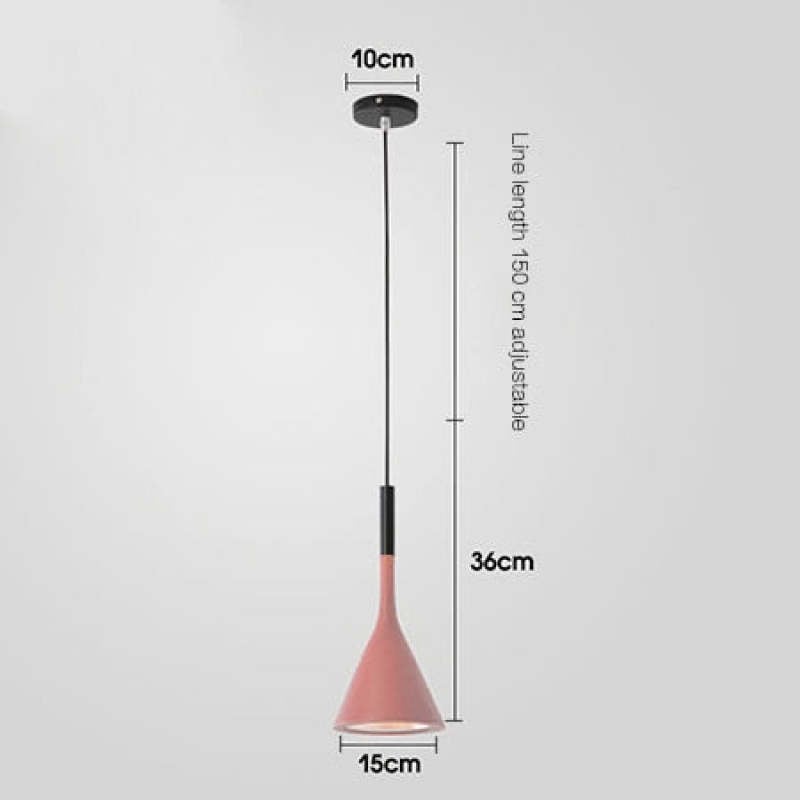 Red-pink pendant size graphic marking a 15 cm opening, 36 cm body, 10 cm canopy and 150 cm adjustable cord