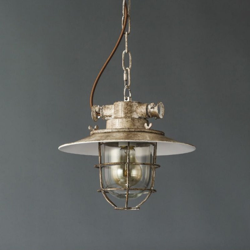 White-option Alessio pendant with a distressed pale finish and glass shade