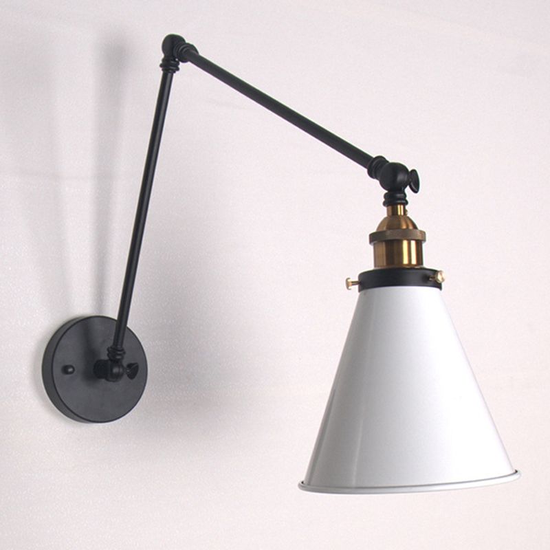 Brady White shade wall light with black two-section arm and round plate on a pale wall