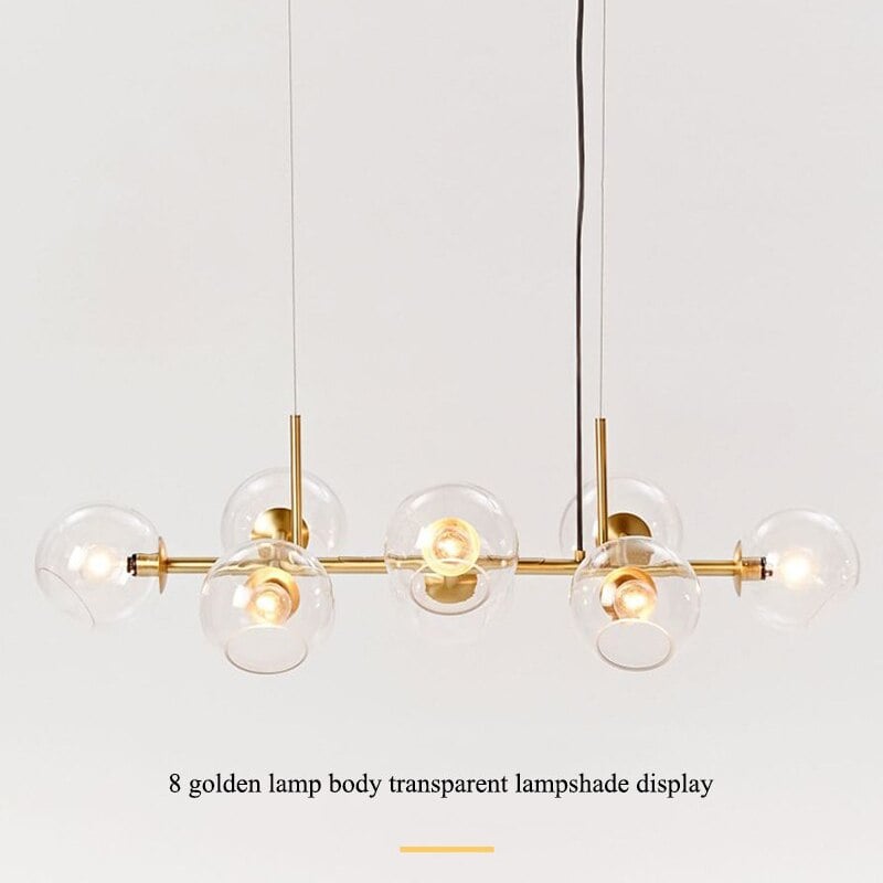 Gold linear pendant with lit clear globes and caption describing eight heads, two suspensions visible on pale background