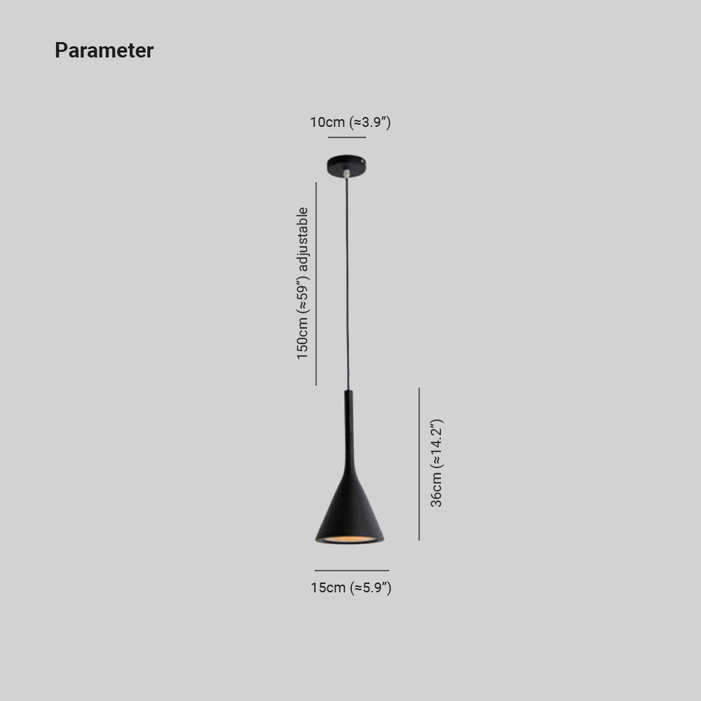 Morandi size drawing showing a 15 cm opening, 36 cm body, 10 cm canopy and a 150 cm cord labelled adjustable