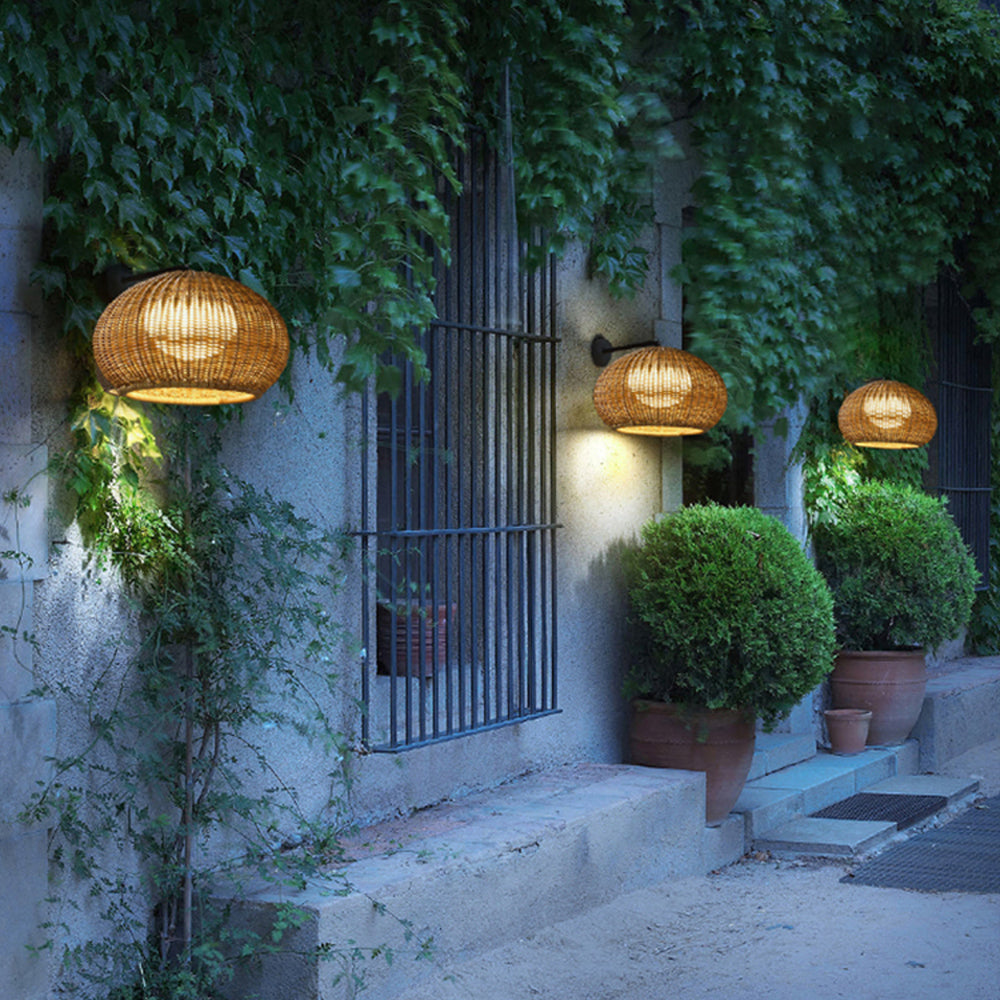 Ritta Farmhouse Metal/Rattan Outdoor Wall Lamp, Log Color - Cueteks