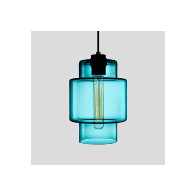 Blue stepped cylindrical glass pendant with black holder and suspension cord