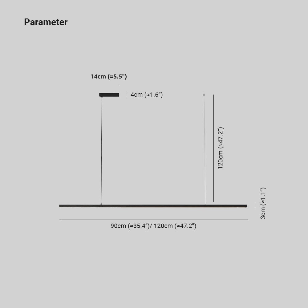 Edge diagram: bar 90 or 120 cm long and 3 cm high, canopy 14 by 4 cm, suspension measurement 120 cm